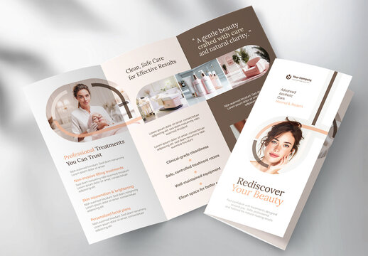 Beauty and Wellness Tri-fold Brochure Template: Minimal Earth Tone Aesthetic Clinic & Spa Layout.