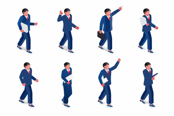 Isometric businessmen in various poses walking pointing and holding documents