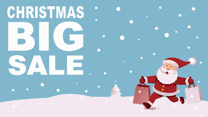 Christmas big sale advertisement with santa claus and shopping bags