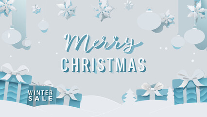 A festive christmas scene with gifts snowflakes and a winter sale announcement