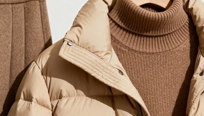 Close-up of a beige puffer jacket and brown turtleneck sweater hanging on a wooden hanger. Warm winter outfit with neutral tones and textured wool fabric. Minimalist autumn fashion concept