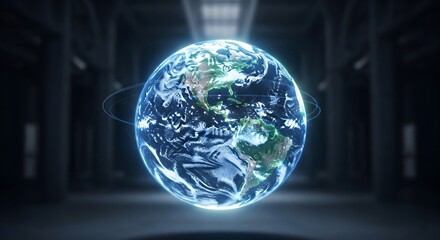 Digital 3D rendering of Earth hologram floating dramatically in a dark, futuristic server room, showcasing global communication, advanced technology, and interconnected business network solutions