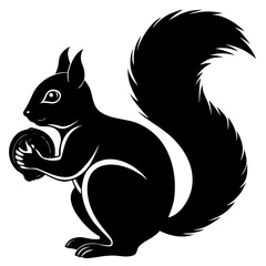 A black and white illustration of a squirrel holding a nut