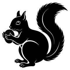 A black and white illustration of a squirrel holding an acorn