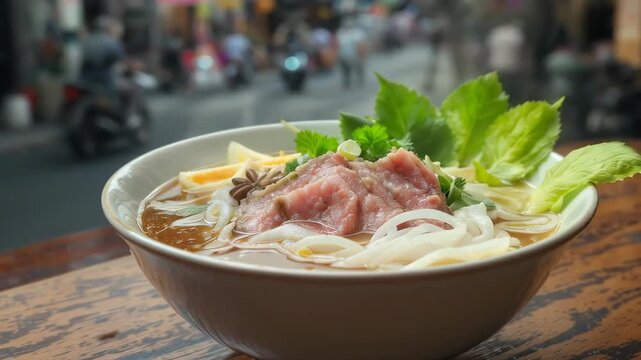 Authentic Vietnamese beef pho noodle soup, delicious and warm food dish served in busy street setting on wood table