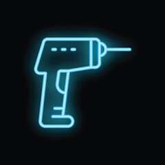 Obraz premium Bright blue neon icon of a cordless drill glowing on a black background