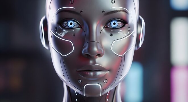 Intense close-up of a futuristic female cyborg face with glowing blue mechanical eyes and intricate silver metal detailing, symbolizing advanced AI and robotics