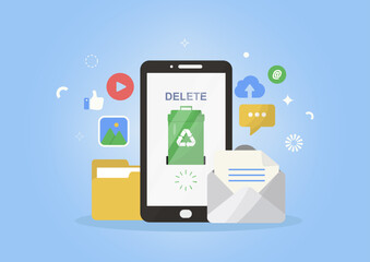 Smartphone deleting digital content icons. Flat digital cleanup concept ideal for digital cleanup day. Clean up data. Environmental footprint concept. Digital pollution. Vector illustration