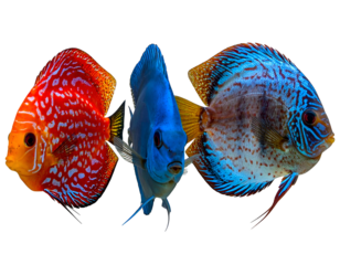 Vibrant discus fish, red, blue, spotted, against black