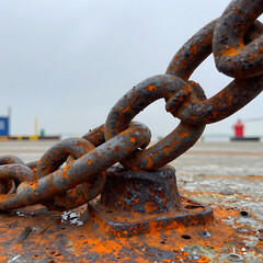 Macro Shot of Flaking Orange Rust on Heavy Iron Chain at Sea Dock