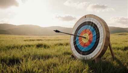 Arrow hitting bullseye on target in a sunlit field, symbolizing achievement and success.