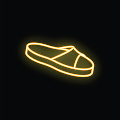 Yellow neon sign of summer footwear with glowing effect on black background
