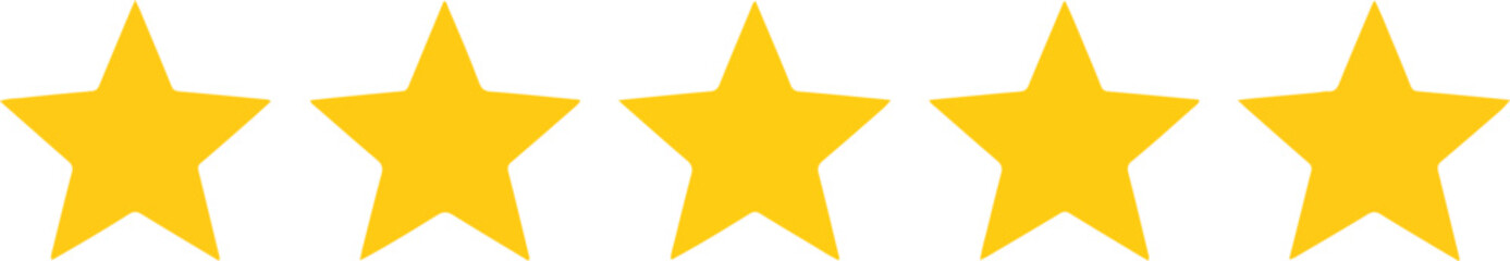 Five solid yellow fivepointed stars arranged horizontally on a white background