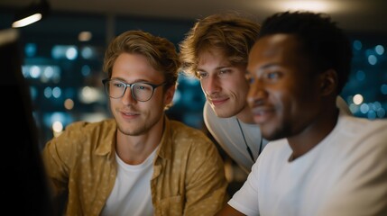 A team of software developers reviewing results after completing a week-long sprint, celebrating a functional prototype displayed on a screen — agile success, tech teamwork, and fast-paced