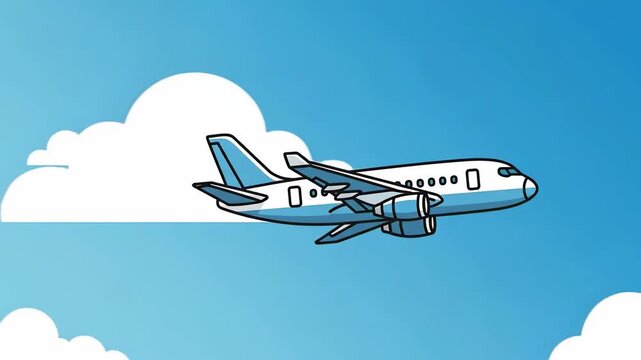 Airplane Flying Through the Sky with Clouds in a Beautiful Blue Day.