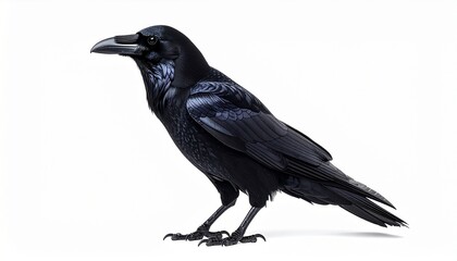 Single crow on white background, matte black feathers, clean minimal studio look