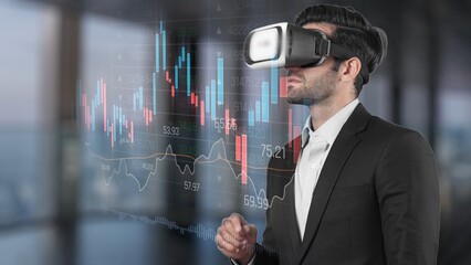 Businessman in Virtual Reality Headset Analyzing Stock Market Data in Modern Office, Financial Technology and Innovative Investment Strategies Concept. Raster.