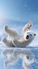 Playful polar bear cub rolling on reflective ice