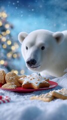 Polar bear looking at Christmas cookies in the snow