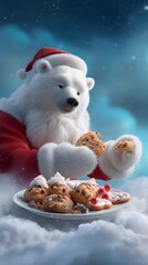 Christmas polar bear eating cookies on a cloud at night