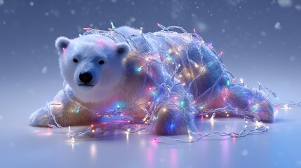 Polar bear tangled in colorful glowing Christmas lights