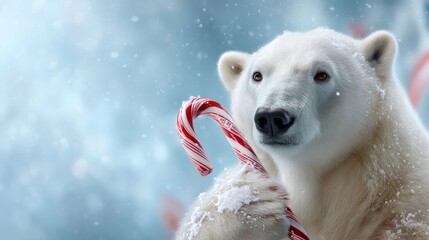 Polar bear holding a Christmas candy cane in snow