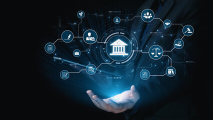 Futuristic digital law interface displaying justice scale, highlighting digital law, AI compliance, digital law systems, and digital law regulations for secure governance. Elide