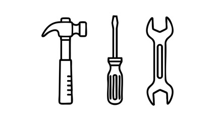 Construction tools set hammer screwdriver and wrench line art vector icon

