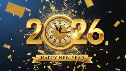 Happy New Year 2026 golden number 2026 background with midnight time on luxury glittering golden clock new year. 4k video - Powered by Adobe