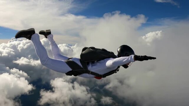 A person in a white jumpsuit is skydiving, with clouds and blue sky in the background. The person is in a horizontal position with arms outstretched.