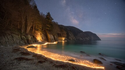 Glowing lights trace the edge of a secluded ocean beach beneath a starlit night sky