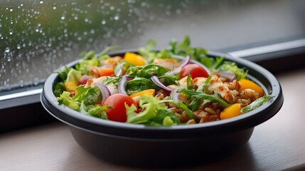 A fresh and colorful chicken salad in a bowl on a ill during a rainy day