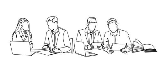 Continuous single line drawing of a young man and woman looking at a laptop screen, writing and reading line art vector illustration