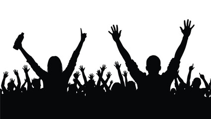 Silhouette of a large enthusiastic crowd with hands raised celebrating a concert or sporting event