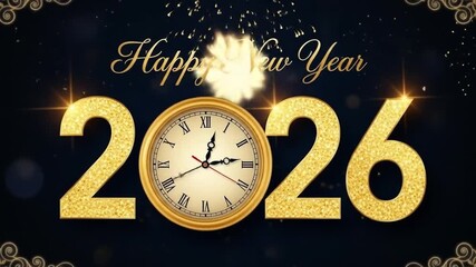 Happy New Year 2026 golden number 2026 background with midnight time on luxury glittering golden clock new year. 4k video