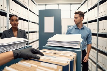 Legal archives storage room with staff organizing case files and records