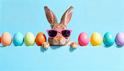 Funny Easter bunny rabbit wearing cool pink sunglasses. Cute animal peeking over a row of colorful Easter eggs on a blue background. Happy Easter holiday banner with copy space