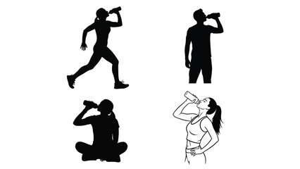 Collection of four diverse fitness silhouettes showing athletes hydrating with water bottles after intense physical activity