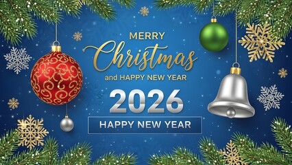 Festive Christmas and New Year 2026 background with ornaments, snowflakes, and seasonal decorations, ideal for winter holiday promotions and greetings.
