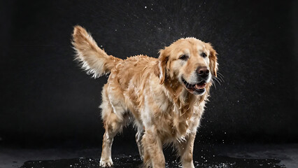 Golden Retriever Shaking Off Water with Droplets Frozen in Air