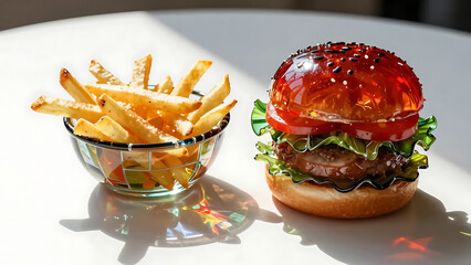 Stained Glass Burger and Fries Sculpture with Colored Light Shadows