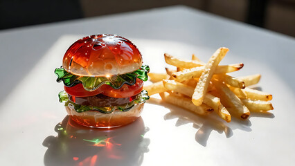 Transparent Glass Art of Fast Food Meal Backlit on White Table