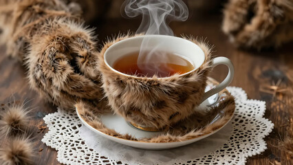 Surreal Teacup and Saucer Covered in Brown Fur with Steaming Tea