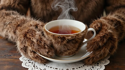 Furry Cup Art Object on Lace Doily