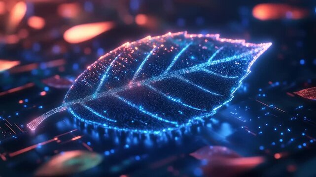 Glowing Digital Leaf Logo with Pixelated Trails - Futuristic Technology and Nature Concept