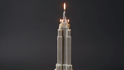 Melting Skyscraper Candle Burning with Drips on Dark Background