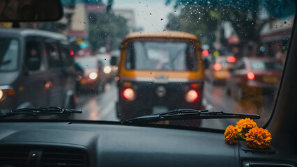 Cinematic Bokeh of Auto Rickshaw Taillights in Indian Monsoon