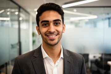 Man mid-20s with short dark hair and subtle stubble smiling in modern office