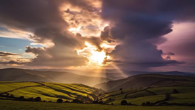 Sunset over rolling hills with cloudy sky
