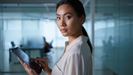 Professional woman with almond eyes and black hair tied back using tablet